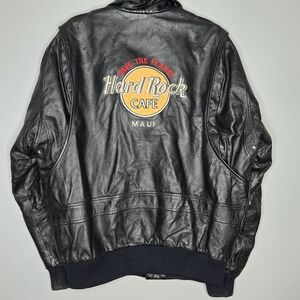 Hard Rock Cafe Vintage 90s Leather Bomber Jacket Size L‎ Black Maui Hawaii